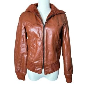 Vtg Hide-Away Cognac Brown Leather Faux Fur Lined Bomber Jacket Coat Size 9/10